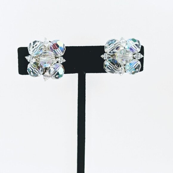 Vintage Aurora Borealis Beaded Clip On Earrings - Picture 1 of 10